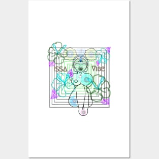 Psychedelic Issa Vibe Spacey Earth Girl (white bg, green and pink variation) Posters and Art